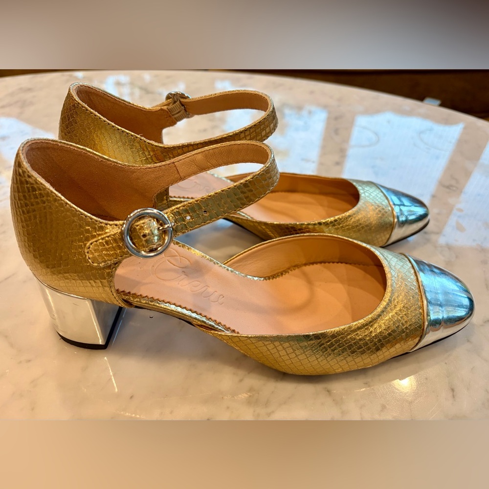 J Crew Millie maryjane heels, snake-embossed gold leather, silver cap toes,8.5 - Picture 6 of 16